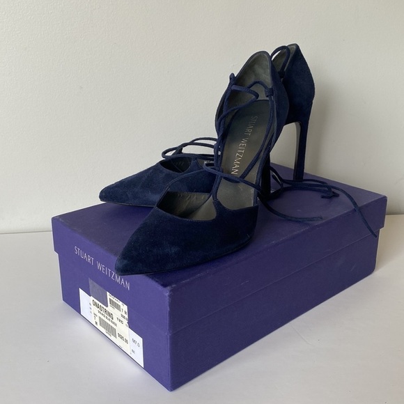 Stuart Weitzman on-a-string blue tie up pointed toe heels - Picture 5 of 13